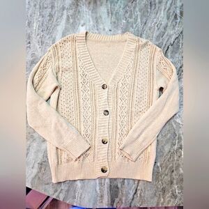 Beige Open Knit Button Front Cardigan Sweater Women’s Small Boho Neutral